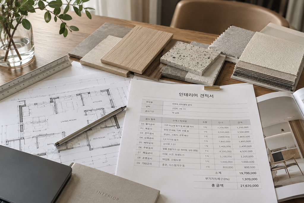인테리어 견적서 보는 법을 설명하는 평면도와 마루·타일 자재 샘플